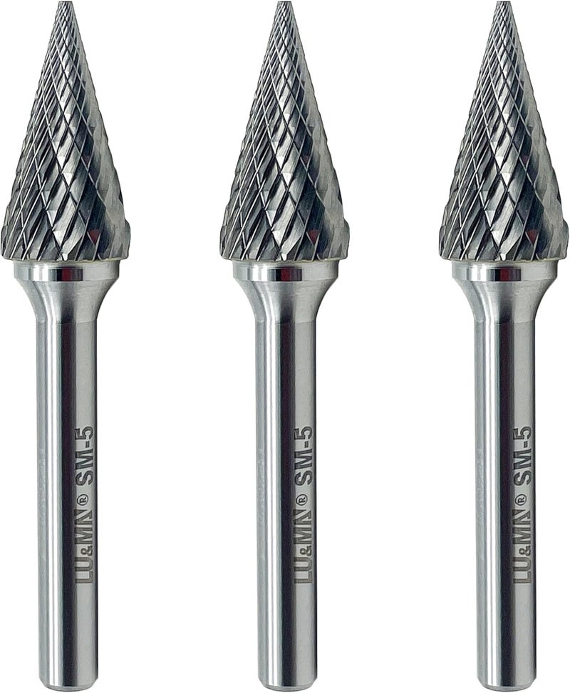 LU&MN SM-5 Tungsten Carbide Burr Rotary File, 3PCS, 25° Pointed Cone, Double Cut, 1/4'' Shank, 1/2'' Cutter Dia, 1'' Length, for Die Grinder Drill - Image 1